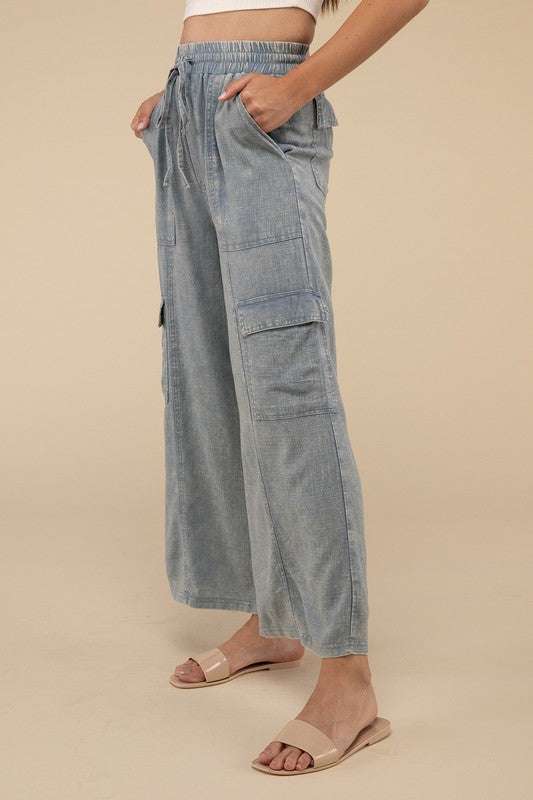 Washed Linen Elastic Band Waist Cargo Pants Meadeux