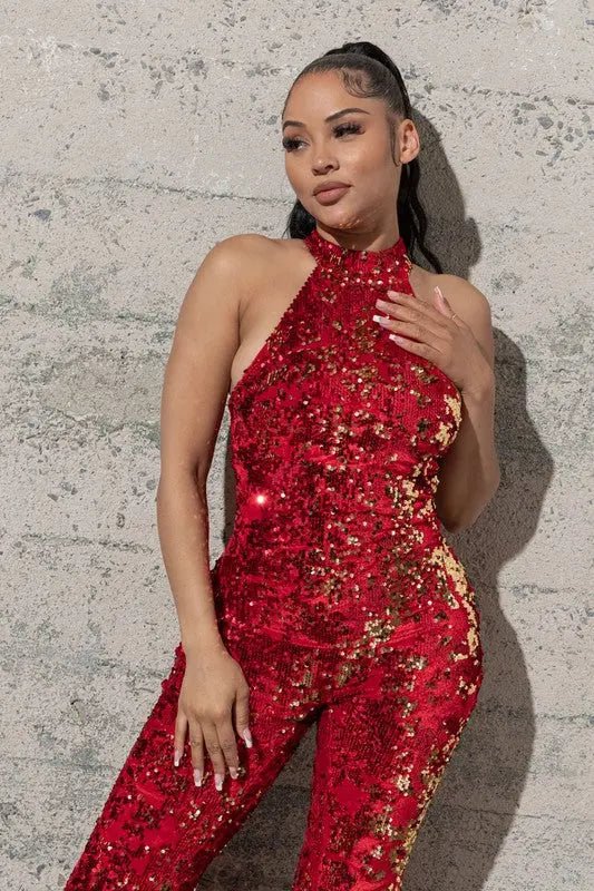 CHANEL BELL BOTTOM STRETCHY RED SEQUIN JUMPSUIT - MeadeuxCHANEL BELL BOTTOM STRETCHY RED SEQUIN JUMPSUITJumpsuitMeadeux