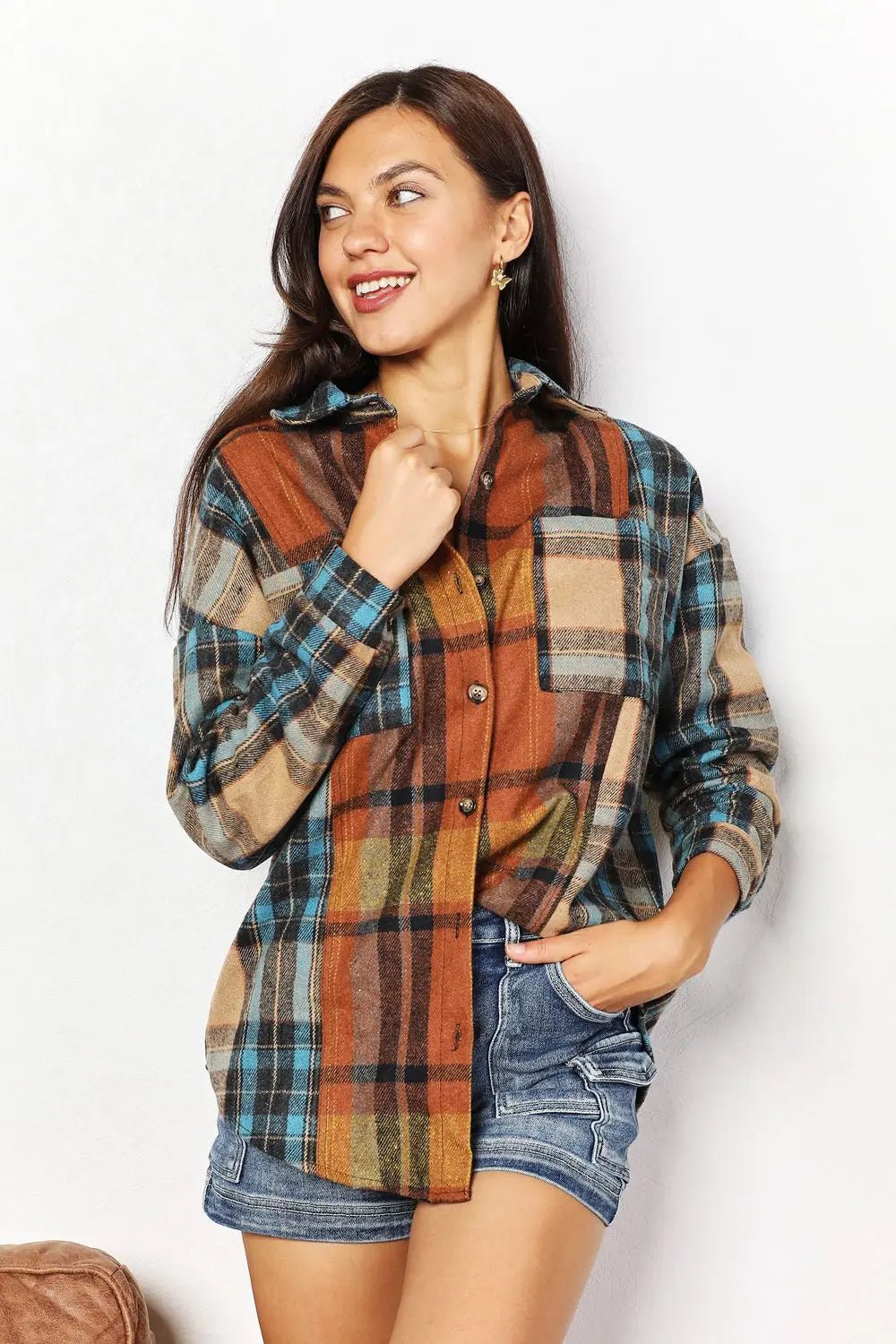 CURVED HEM LONG SLEEVE BUTTON DOWN FLANNEL MULTICOLOR - MeadeuxCURVED HEM LONG SLEEVE BUTTON DOWN FLANNEL MULTICOLORTopsMeadeux