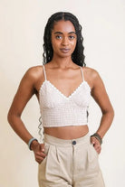 GINGHAM SMOCKED RUCHED SKINNY STRAP BRAMI TOP - MeadeuxGINGHAM SMOCKED RUCHED SKINNY STRAP BRAMI TOPBramiMeadeux