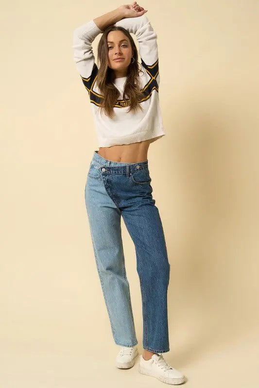 HIGH WAISTED CROSSOVER STRAIGHT LEG COLOR BLOCK JEANS - MeadeuxHIGH WAISTED CROSSOVER STRAIGHT LEG COLOR BLOCK JEANSJeansMeadeux