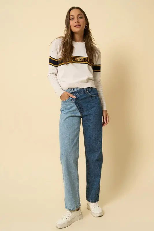 HIGH WAISTED CROSSOVER STRAIGHT LEG COLOR BLOCK JEANS - MeadeuxHIGH WAISTED CROSSOVER STRAIGHT LEG COLOR BLOCK JEANSJeansMeadeux