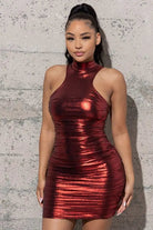 MOCK NECK METAL FOIL RUCHED SHORT BODYCON DRESS - MeadeuxMOCK NECK METAL FOIL RUCHED SHORT BODYCON DRESSDressesMeadeux