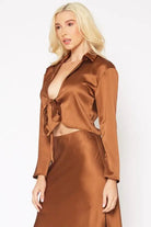 Satin Long Sleeve Collared Tie Front Shirt - MeadeuxSatin Long Sleeve Collared Tie Front ShirtBlouseMeadeux