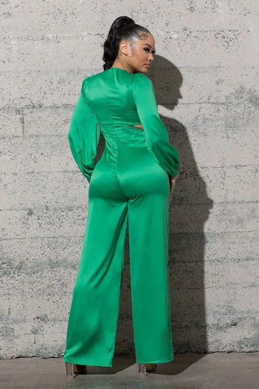 STRETCHY SATIN JUMPSUIT WITH LONG PUFFY SLEEVES - MeadeuxSTRETCHY SATIN JUMPSUIT WITH LONG PUFFY SLEEVESJumpsuitMeadeux