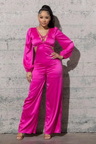 STRETCHY SATIN JUMPSUIT WITH LONG PUFFY SLEEVES - MeadeuxSTRETCHY SATIN JUMPSUIT WITH LONG PUFFY SLEEVESJumpsuitMeadeux