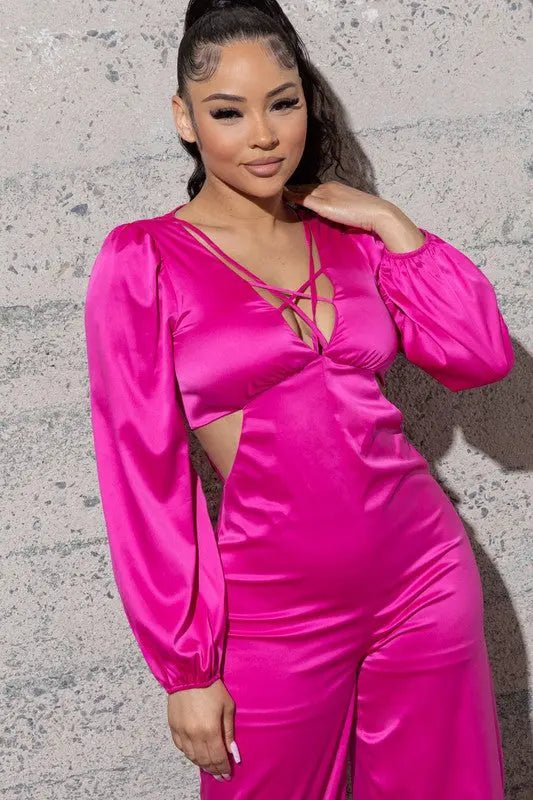 STRETCHY SATIN JUMPSUIT WITH LONG PUFFY SLEEVES - MeadeuxSTRETCHY SATIN JUMPSUIT WITH LONG PUFFY SLEEVESJumpsuitMeadeux