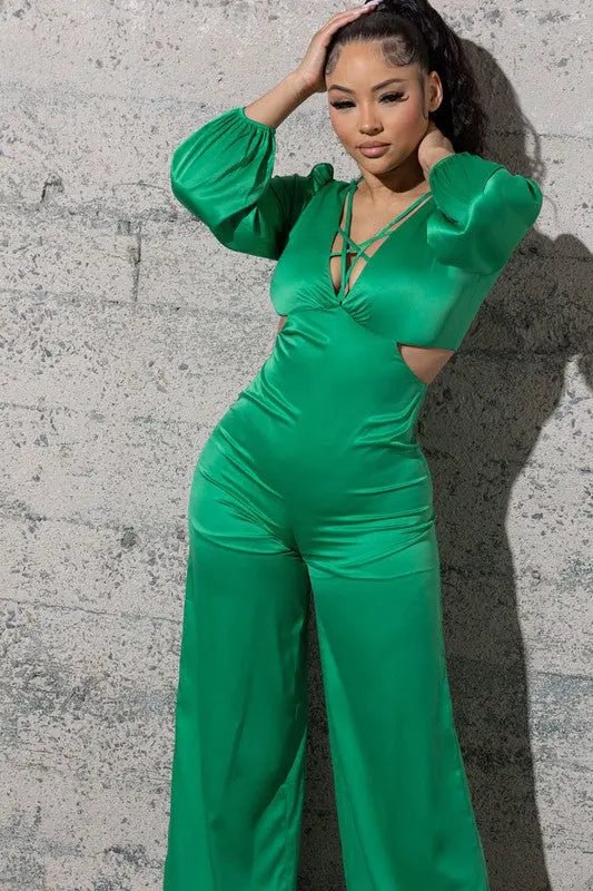 STRETCHY SATIN JUMPSUIT WITH LONG PUFFY SLEEVES - MeadeuxSTRETCHY SATIN JUMPSUIT WITH LONG PUFFY SLEEVESJumpsuitMeadeux