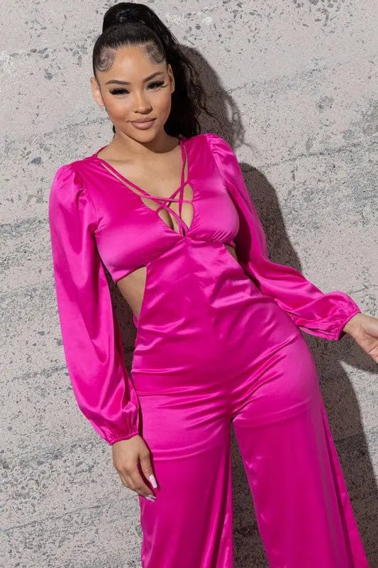 STRETCHY SATIN JUMPSUIT WITH LONG PUFFY SLEEVES - MeadeuxSTRETCHY SATIN JUMPSUIT WITH LONG PUFFY SLEEVESJumpsuitMeadeux